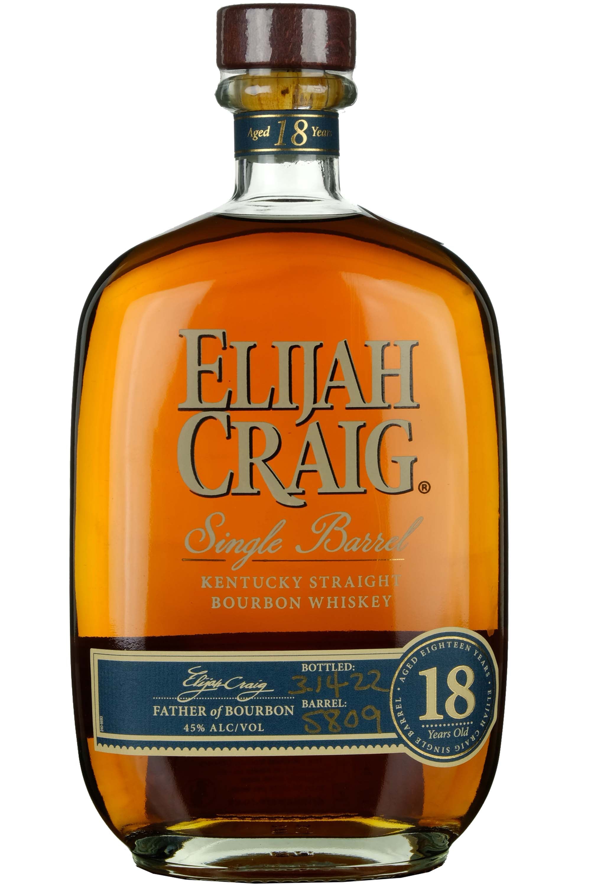 Elijah Craig 18 Year Old Single Barrel 5809 Bottled 2022