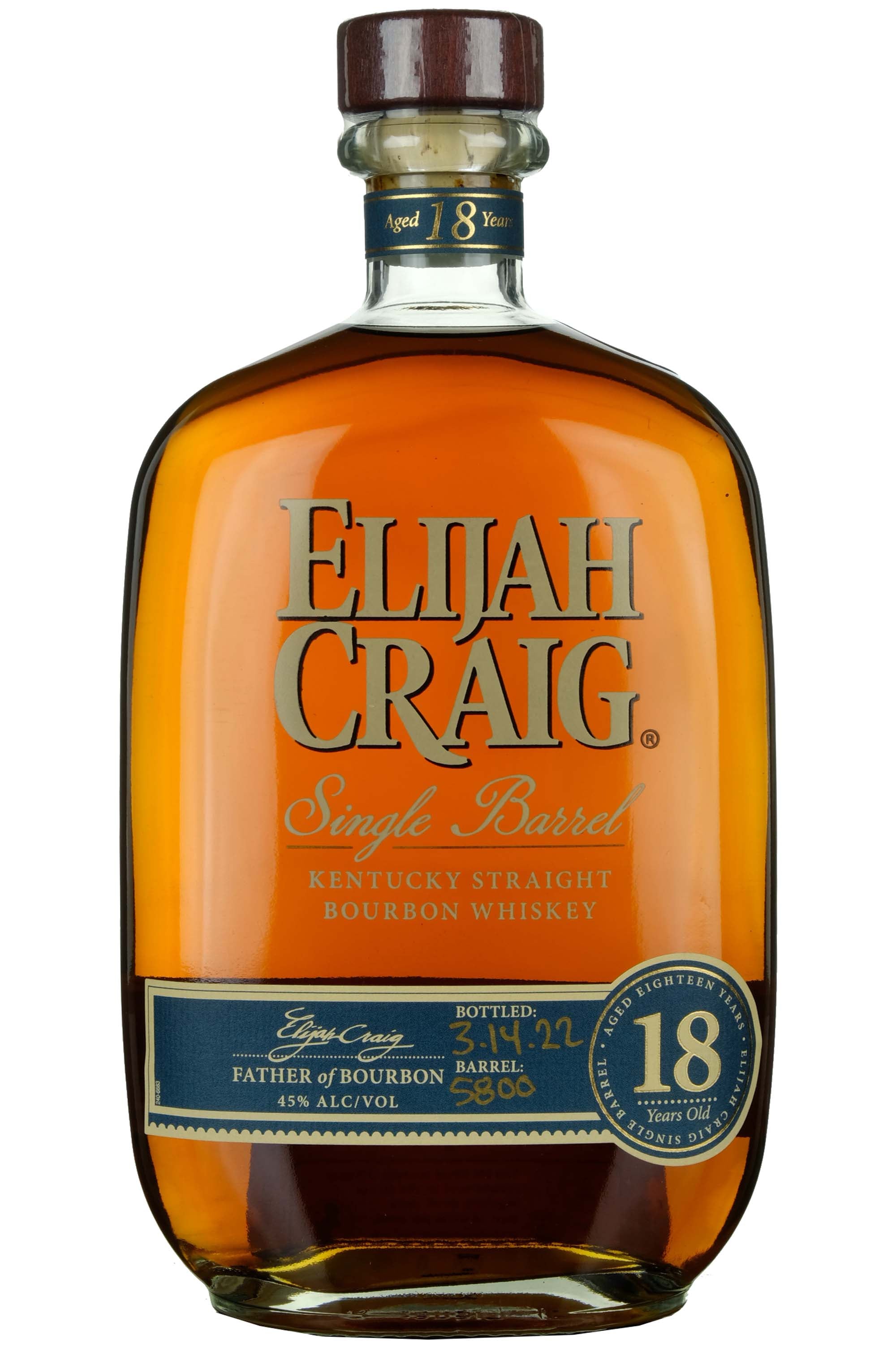 Elijah Craig 18 Year Old Single Barrel 5800 Bottled 2022